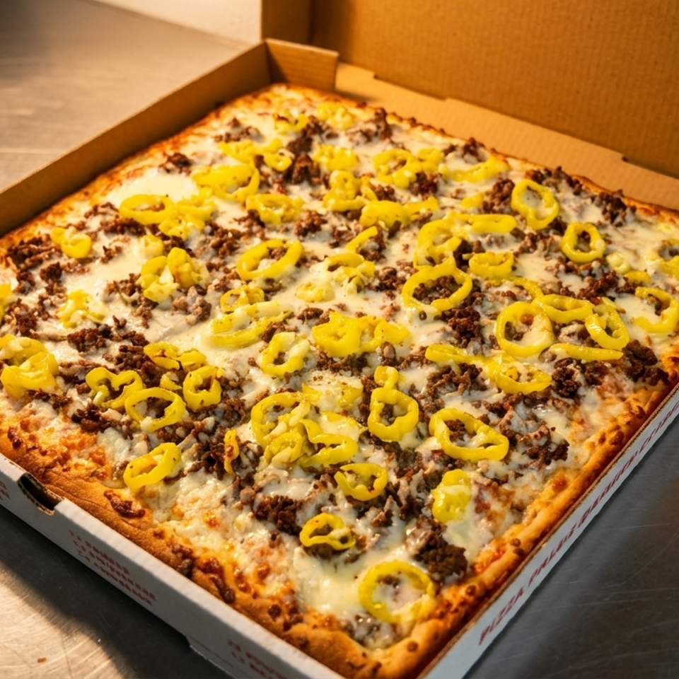 Square pizza topped with melted cheese, seasoned ground meat, and yellow pepper rings in an open cardboard box.