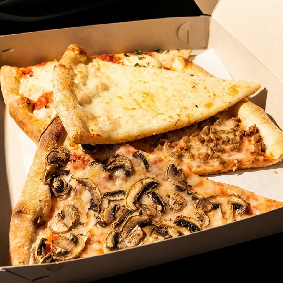 Open cardboard box holding assorted cheesy pizza slices, including mushroom, meat, and plain cheese toppings.
