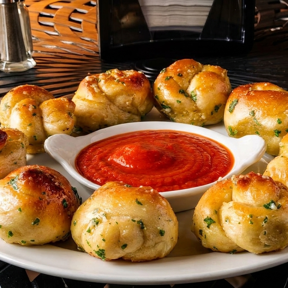 Golden garlic knots garnished with herbs surround a bowl of marinara sauce on a white plate.